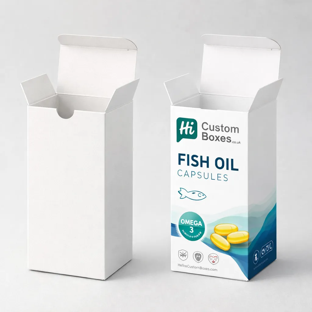 Two tall tuck-end boxes, one plain white and one printed with blue fish oil supplement graphics.